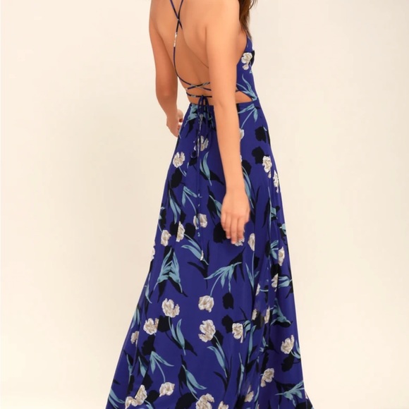 All I Need Royal Blue Floral Print Lace-Up Maxi Dress - Picture 3 of 6